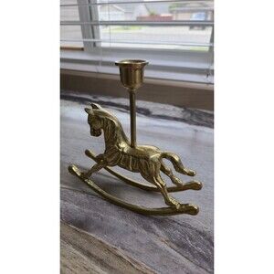 Vintage Solid Brass Rocking Horse Candlestick Holder Nursery Decor Taper Candle